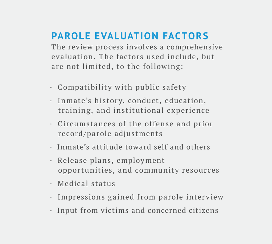 El proceso de revisión implica una evaluación exhaustiva. Los factores utilizados incluyen, entre otros: la compatibilidad con la seguridad pública, la conducta del delincuente y la experiencia institucional, las circunstancias del delito, la actitud de los reclusos hacia los demás, los planes de liberación y las oportunidades de empleo, el estado médico y la opinión de la víctima.